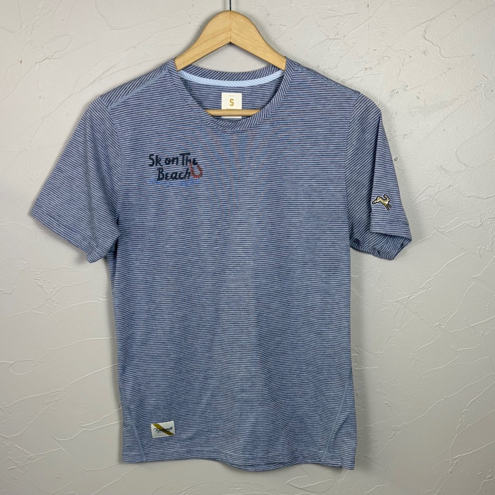 Tracksmith Shirt Blue Striped Athletic Size Small 5k On The Beach Running Tee